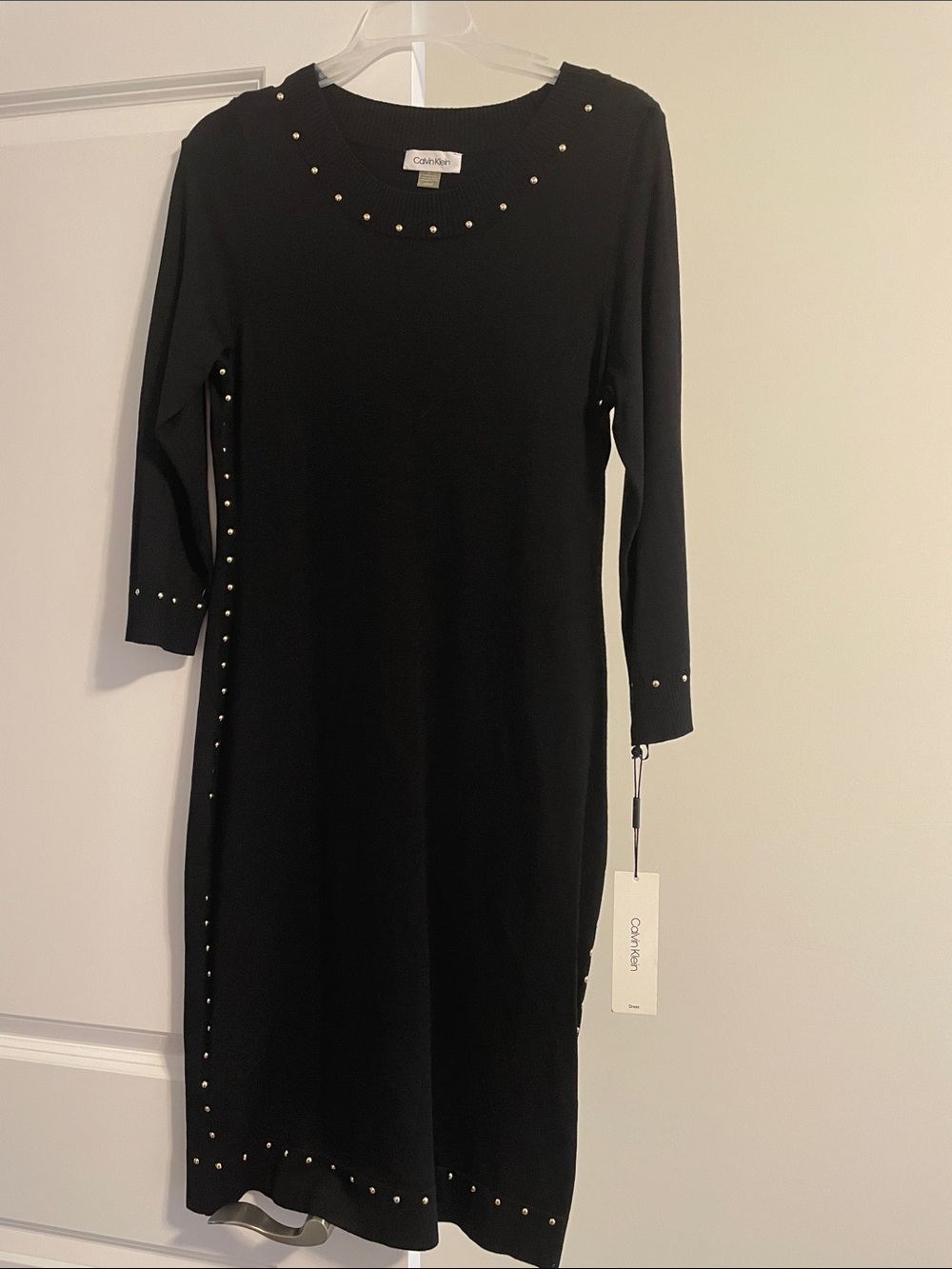 Calvin Klein Black Long-Sleeve Knit Dress with Gold Studs